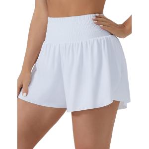 imageTHE GYM PEOPLE Womens High Waisted Flowy Running Shorts 2 in 1 Athletic Workout Skirt ShortsWhite