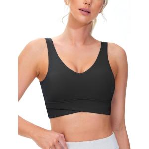 imageTHE GYM PEOPLE Womens Padded Sports Bra VNeck Wireless Stretchy Workout Crop Tops with Cross Hem Soft Yoga BrasBlack