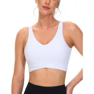 imageTHE GYM PEOPLE Womens Padded Sports Bra VNeck Wireless Stretchy Workout Crop Tops with Cross Hem Soft Yoga BrasWhite