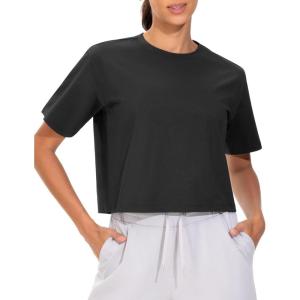 imageTHE GYM PEOPLE Workout Crop Tops for Women Short Sleeve Shirts Loose Fit Yoga Athletic Basic Cropped TShirtsBlack