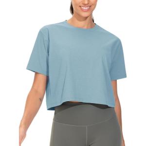 imageTHE GYM PEOPLE Workout Crop Tops for Women Short Sleeve Shirts Loose Fit Yoga Athletic Basic Cropped TShirtsInk Blue