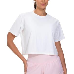 imageTHE GYM PEOPLE Workout Crop Tops for Women Short Sleeve Shirts Loose Fit Yoga Athletic Basic Cropped TShirtsWhite