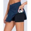 imageTHE GYM PEOPLE Womens Cross Waist Jean Skorts Stretchy Ruffle Denim Skirts with 2 in 1 Shorts PocketsDark Blue