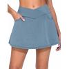 imageTHE GYM PEOPLE Womens Cross Waist Jean Skorts Stretchy Ruffle Denim Skirts with 2 in 1 Shorts PocketsDenim Light Blue