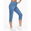imageTHE GYM PEOPLE Womens Cross Waisted Stretchy Capri Denim Jeggings Tummy Control Skinny Jean Leggings with PocketsDenim Blue