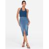 imageTHE GYM PEOPLE Womens High Waisted Stretchy Jean Skirts Front Slit Midi Denim Skirt with PocketsDenim Blue