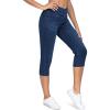 imageTHE GYM PEOPLE Womens Cross Waisted Stretchy Capri Denim Jeggings Tummy Control Skinny Jean Leggings with PocketsDark Blue