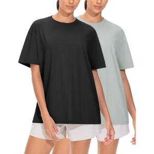 imageTHE GYM PEOPLE 2 Pack Womens Oversized T Shirts Casual Loose Fit Short Sleeve Tops Summer Crewneck Basic TeesBlackGrey