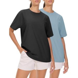 imageTHE GYM PEOPLE 2 Pack Womens Oversized T Shirts Casual Loose Fit Short Sleeve Tops Summer Crewneck Basic TeesBlackInk Blue