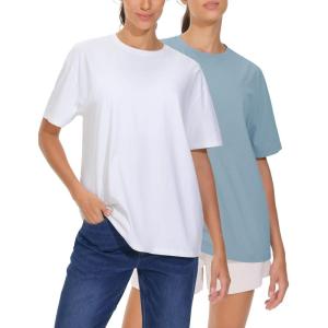 imageTHE GYM PEOPLE 2 Pack Womens Oversized T Shirts Casual Loose Fit Short Sleeve Tops Summer Crewneck Basic TeesWhiteInk Blue