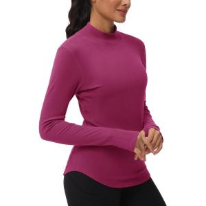 imageTHE GYM PEOPLE Fleece Mock Turtleneck Pullover Base Layer Shirts Long Sleeve Workout Tops with Thumb HoleDark Rose Red