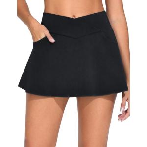 imageTHE GYM PEOPLE Womens Cross Waist Jean Skorts Stretchy Ruffle Denim Skirts with 2 in 1 Shorts PocketsBlack