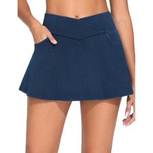 imageTHE GYM PEOPLE Womens Cross Waist Jean Skorts Stretchy Ruffle Denim Skirts with 2 in 1 Shorts PocketsDark Blue