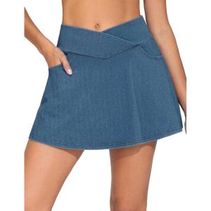 imageTHE GYM PEOPLE Womens Cross Waist Jean Skorts Stretchy Ruffle Denim Skirts with 2 in 1 Shorts PocketsDenim Blue
