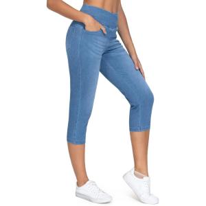 imageTHE GYM PEOPLE Womens Cross Waisted Stretchy Capri Denim Jeggings Tummy Control Skinny Jean Leggings with PocketsDenim Blue