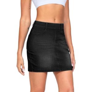 imageTHE GYM PEOPLE Womens High Waisted Mini Denim Skirts with Pockets Stretch Skinny Jean Bodycon SkirtsBlack