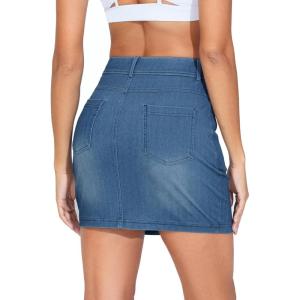 imageTHE GYM PEOPLE Womens High Waisted Mini Denim Skirts with Pockets Stretch Skinny Jean Bodycon SkirtsDenim Blue
