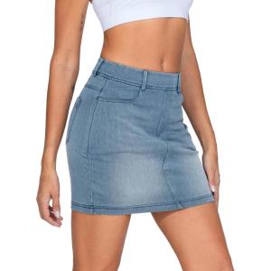imageTHE GYM PEOPLE Womens High Waisted Mini Denim Skirts with Pockets Stretch Skinny Jean Bodycon SkirtsDenim Light Blue