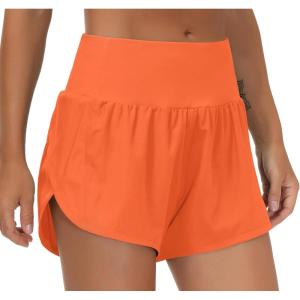 imageTHE GYM PEOPLE Womens High Waisted Running Shorts Quick Dry Athletic Workout Shorts with Mesh Liner Zipper PocketsOrange