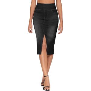 imageTHE GYM PEOPLE Womens High Waisted Stretchy Jean Skirts Front Slit Midi Denim Skirt with PocketsBlack