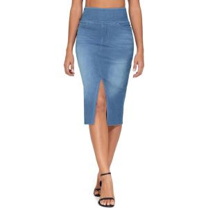 imageTHE GYM PEOPLE Womens High Waisted Stretchy Jean Skirts Front Slit Midi Denim Skirt with PocketsDenim Blue