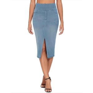imageTHE GYM PEOPLE Womens High Waisted Stretchy Jean Skirts Front Slit Midi Denim Skirt with PocketsDenim Light Blue