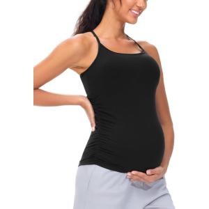 imageTHE GYM PEOPLE Womens Maternity Tank Tops Racerback Pregnancy Ruched Sleeveless Yoga Workout Shirts with Removable PaddedBlack