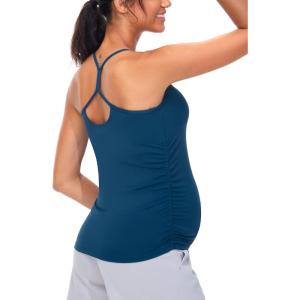 imageTHE GYM PEOPLE Womens Maternity Tank Tops Racerback Pregnancy Ruched Sleeveless Yoga Workout Shirts with Removable PaddedDark Blue Green