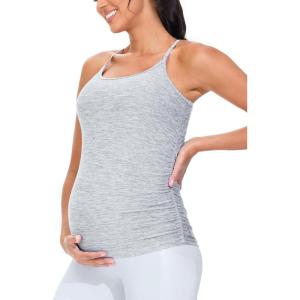 imageTHE GYM PEOPLE Womens Maternity Tank Tops Racerback Pregnancy Ruched Sleeveless Yoga Workout Shirts with Removable PaddedLight Grey Heather