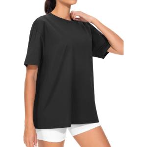 imageTHE GYM PEOPLE Womens Oversized T Shirts Summer Casual Short Sleeve Tops Crewneck Loose Workout Basic TeesBlack
