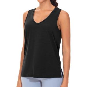 imageTHE GYM PEOPLE Womens V Neck Tank Tops Stretchy Loose Fit Sleeveless Workout Shirts Quick Dry Yoga Tops with Side SplitBlack