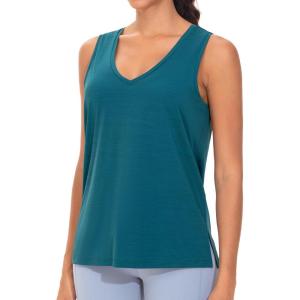 imageTHE GYM PEOPLE Womens V Neck Tank Tops Stretchy Loose Fit Sleeveless Workout Shirts Quick Dry Yoga Tops with Side SplitDark Blue Green