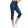 imageTHE GYM PEOPLE Womens High Waisted Stretchy Capri Jeggings Pants Tummy Control Pull on Skinny Jean Leggings with PocketsDark Blue