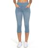 imageTHE GYM PEOPLE Womens High Waisted Stretchy Capri Jeggings Pants Tummy Control Pull on Skinny Jean Leggings with PocketsDenim Light Blue