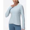 imageWomens Long Sleeve Compression Shirts Workout Tops Cross Hem Athletic Running Yoga TShirts with Thumb HoleLight Blue Heather
