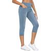 imageTHE GYM PEOPLE Womens High Waisted Stretchy Capri Jeggings Pants Tummy Control Pull on Skinny Jean Leggings with PocketsDenim Light Blue