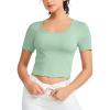 imageTHE GYM PEOPLE Womens Workout Crop Tops Short Sleeve Ribbed Ice Silk Fabric Slim Fit Square Neck Running Shirts