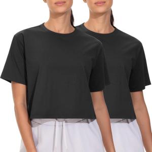 imageTHE GYM PEOPLE 2 Pack Womens Workout Crop Tops Boxy Short Sleeve Athletic Running Basic Cropped TShirtsBlackBlack