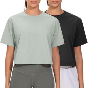 imageTHE GYM PEOPLE 2 Pack Womens Workout Crop Tops Boxy Short Sleeve Athletic Running Basic Cropped TShirtsBlackGrey