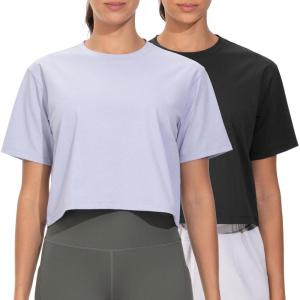 imageTHE GYM PEOPLE 2 Pack Womens Workout Crop Tops Boxy Short Sleeve Athletic Running Basic Cropped TShirtsBlackLight Purple