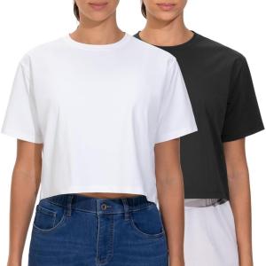imageTHE GYM PEOPLE 2 Pack Womens Workout Crop Tops Boxy Short Sleeve Athletic Running Basic Cropped TShirtsBlackWhite