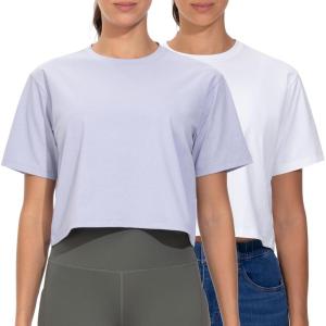 imageTHE GYM PEOPLE 2 Pack Womens Workout Crop Tops Boxy Short Sleeve Athletic Running Basic Cropped TShirtsWhiteLight Purple