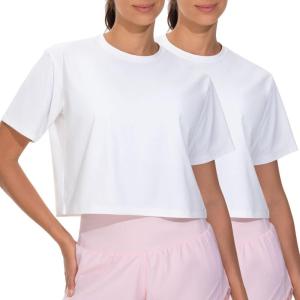 imageTHE GYM PEOPLE 2 Pack Womens Workout Crop Tops Boxy Short Sleeve Athletic Running Basic Cropped TShirtsWhiteWhite