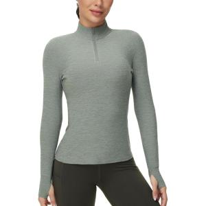 imageTHE GYM PEOPLE Womens Half Zip Golf Workout Shirts Long Sleeve Soft Warm Yoga Athletic Pullover Sweatshirts with Thumb HoleGrey Green Heather