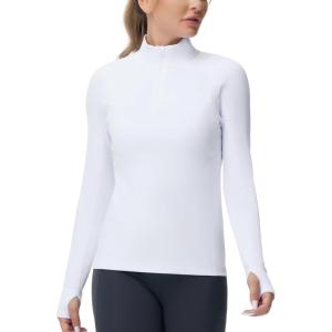 imageTHE GYM PEOPLE Womens Half Zip Golf Workout Shirts Long Sleeve Soft Warm Yoga Athletic Pullover Sweatshirts with Thumb HoleWhite