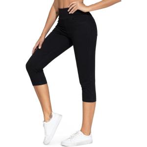 imageTHE GYM PEOPLE Womens High Waisted Stretchy Capri Jeggings Pants Tummy Control Pull on Skinny Jean Leggings with PocketsBlack