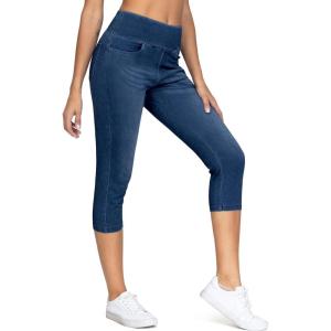 imageTHE GYM PEOPLE Womens High Waisted Stretchy Capri Jeggings Pants Tummy Control Pull on Skinny Jean Leggings with PocketsDark Blue