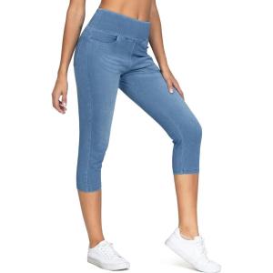 imageTHE GYM PEOPLE Womens High Waisted Stretchy Capri Jeggings Pants Tummy Control Pull on Skinny Jean Leggings with PocketsDenim Blue