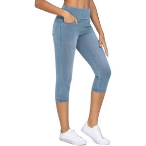 imageTHE GYM PEOPLE Womens High Waisted Stretchy Capri Jeggings Pants Tummy Control Pull on Skinny Jean Leggings with PocketsDenim Light Blue