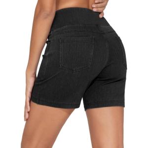 imageTHE GYM PEOPLE Womens High Waisted Stretchy Jean Shorts Summer Skinny Denim Shorts with PocketsBlack